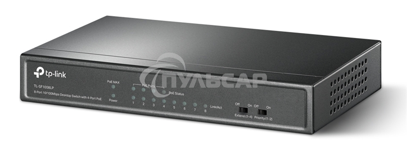 Коммутатор TP-Link 8-Port 10/100Mbps Unmanaged Switch with 4-Port PoE, metal case, desktop mount, PoE budget 41W.