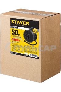 Удлинитель силовой Stayer 55076-50 3x2.5кв.мм 4розет. 50м КГ катушка черный