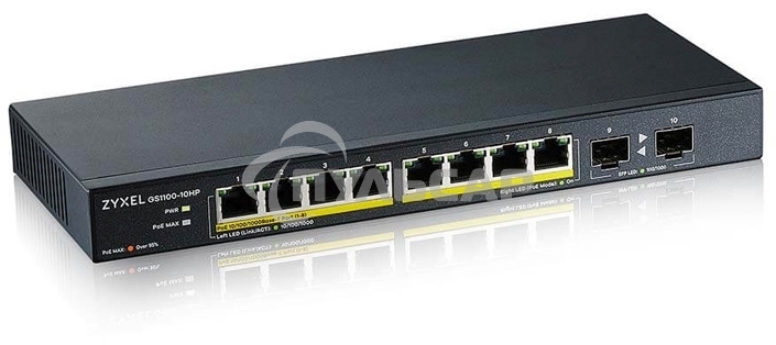 Коммутатор PoE+ Zyxel GS1100-10HP, 8xGE PoE+, 2xSFP, настольный, бесшумный, бюджет PoE 130 Вт