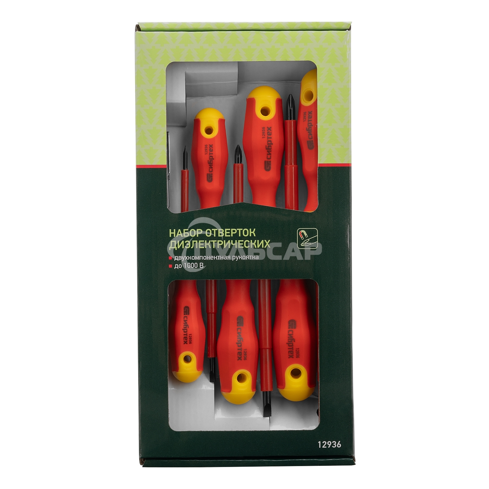 Набор отверток СИБРТЕХ 12936 диэлектрических до 1000в тестер crv двухкомпонентные рукоятки (7шт.)