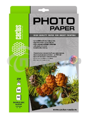 Фотобумага Cactus CS-GA423050DS A4/230г/м2/50л./белый глянцевое/глянцевое для струйной печати