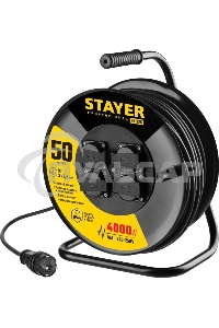 Удлинитель силовой Stayer 55076-50 3x2.5кв.мм 4розет. 50м КГ катушка черный