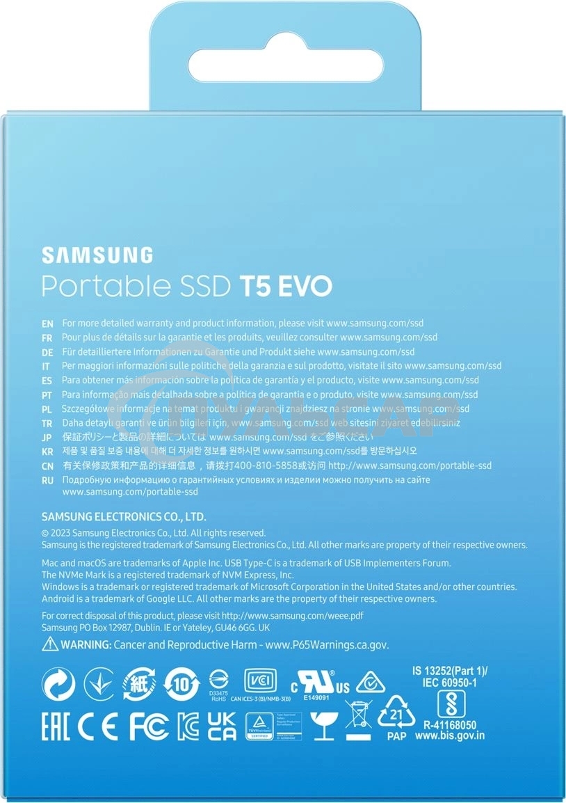 Внешний SSD Samsung T5 EVO, 2TB, USB 3.2 Gen 1 Type-C, R/W 460/460, черный