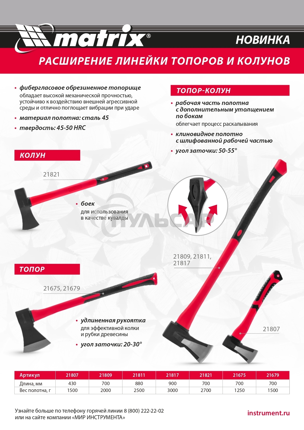 Топор-колун Matrixс клиновидным полотном 2000 г, фибергласовое обрезиненное топорище 700 мм