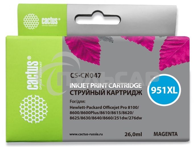 Картридж струйный Cactus CS-CN047 №951 пурпурный (26 мл) для HP OfficeJet 251dw Pro, 276dw Pro, 8100 Pro, 8100e, 8600 Pro (N911a), 8600 Pro Plus (N911g), 8610 Pro (A7F64A), 8615 Pro, 8616 Pro, 8620 Pro