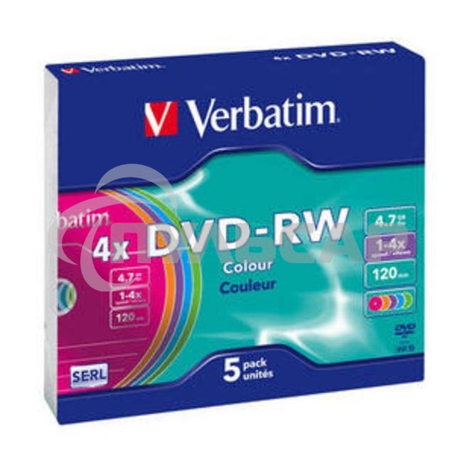 Диск DVD-RW Verbatim 4.7Gb 4x Slim case (5шт) Color (43563)