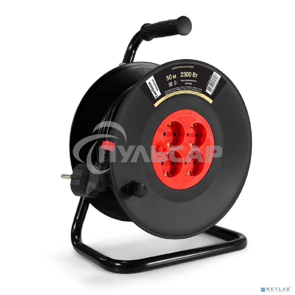 Удлинитель на катушке ExeGate industrial ECS-10-3-50 (4 евророзетки с заземлением, IP20, 50м, защита от детей, защита от перегрузки, 3х1,0мм2, 10А/2.3кВт)