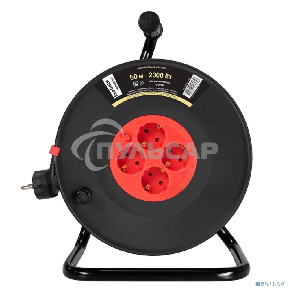 Удлинитель на катушке ExeGate industrial ECS-10-3-50 (4 евророзетки с заземлением, IP20, 50м, защита от детей, защита от перегрузки, 3х1,0мм2, 10А/2.3кВт)