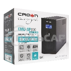 Источник бесперебойного питания CROWN 800VA/450W, металл, 1x12V/9AH, розетки 3*EURO+1*IEC bybass, трансформатор AVR 145-280V, LCD дисплей, съемный кабель 1.2м, фильтр телефонной и ethernet линии RJ11/45, защита батареи, от перегрузки, от КЗ