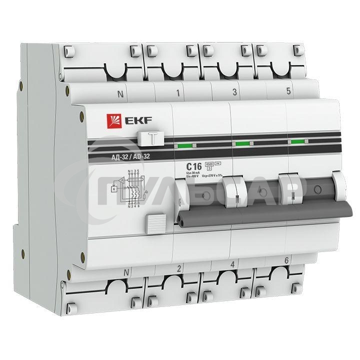 Выключатель автоматический дифференциального тока 3п+N C 16А 30мА тип AC 4.5кА АД-32 PROxima EKF DA32-16-30-4P-pro