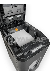 Шредер Heleos АП55-4 черный с автоподачей (секр.P-4) фрагменты 400лист. 55лтр. скрепки скобы пл.карты