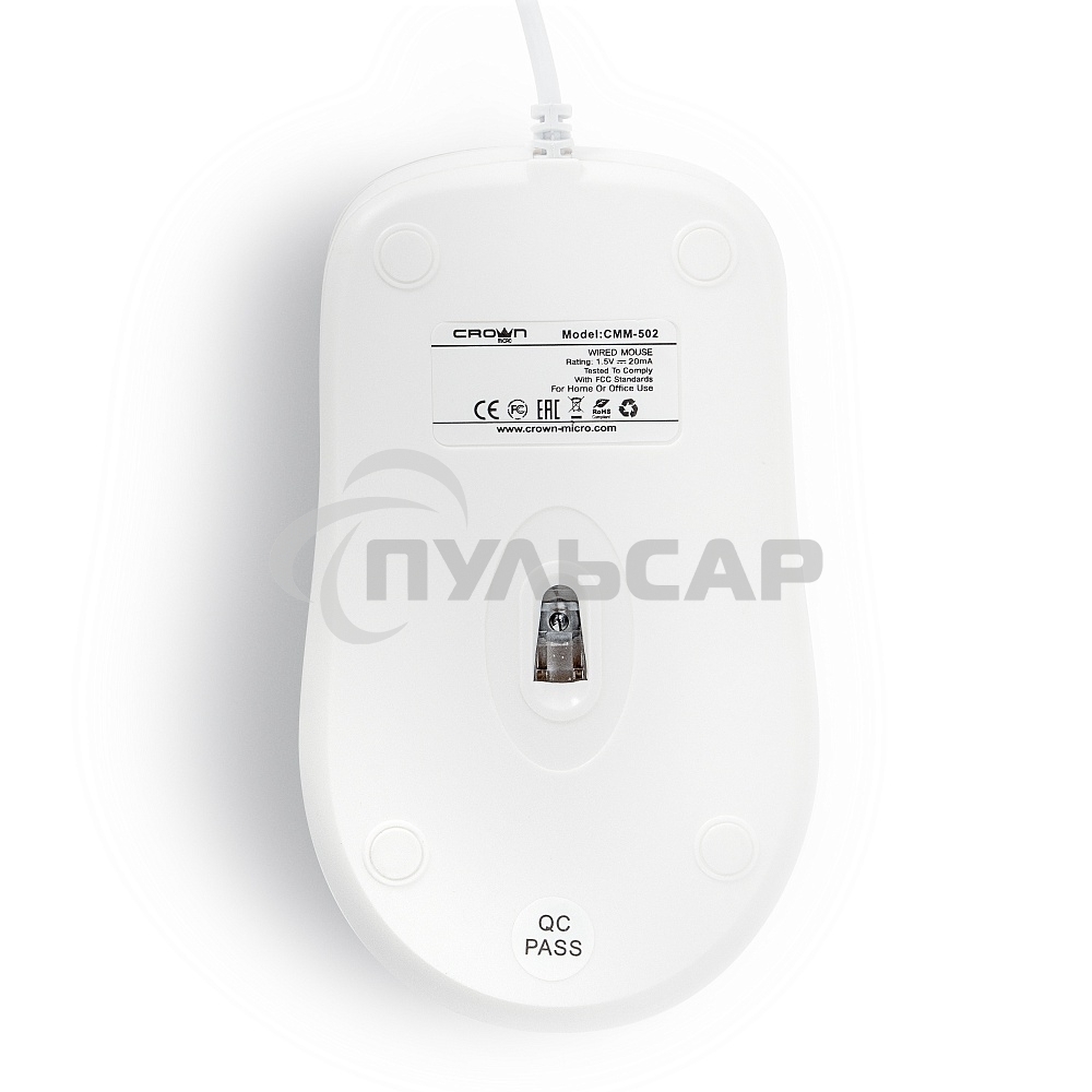 Мышь проводная Crown CMM-502 белый, 1000 dpi, USB, кнопки - 3