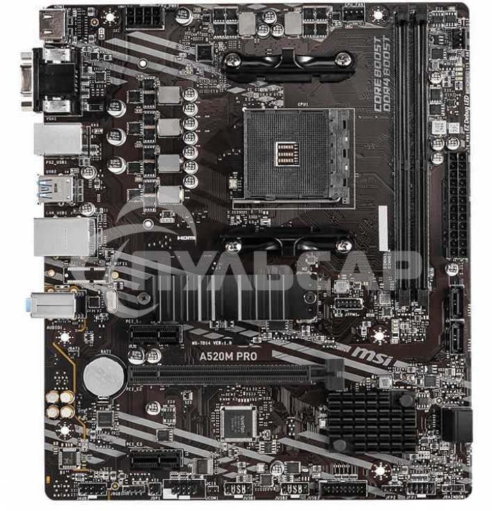 Материнская плата MSI A520M PRO, AM4, AMD A520, 2xDDR4, 4xSATA, 1xM.2, 1xPCIe 3.0 x16, 1xVGA, 1xDVI-D, 1xHDMI, 1x 1Gb LAN, 2xUSB 2.0, 4xUSB 3.2 Gen 1, 3x3.5 мм, 7.1, mATX