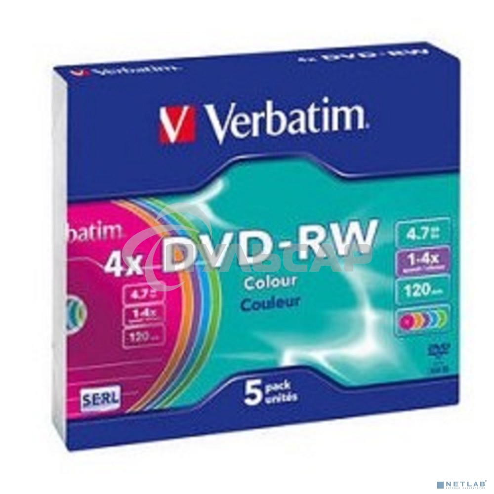 Диск DVD-RW Verbatim 4.7Gb 4x Slim case (5шт) Color (43563)
