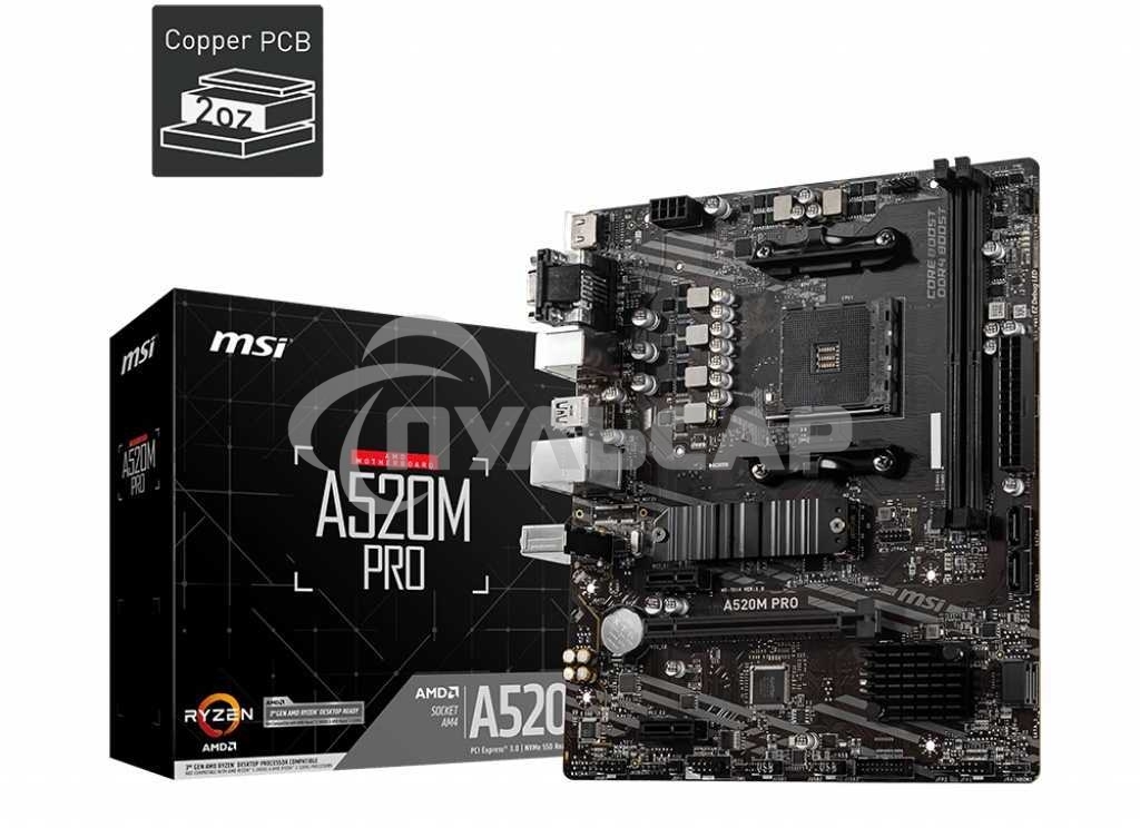 Материнская плата MSI A520M PRO, AM4, AMD A520, 2xDDR4, 4xSATA, 1xM.2, 1xPCIe 3.0 x16, 1xVGA, 1xDVI-D, 1xHDMI, 1x 1Gb LAN, 2xUSB 2.0, 4xUSB 3.2 Gen 1, 3x3.5 мм, 7.1, mATX