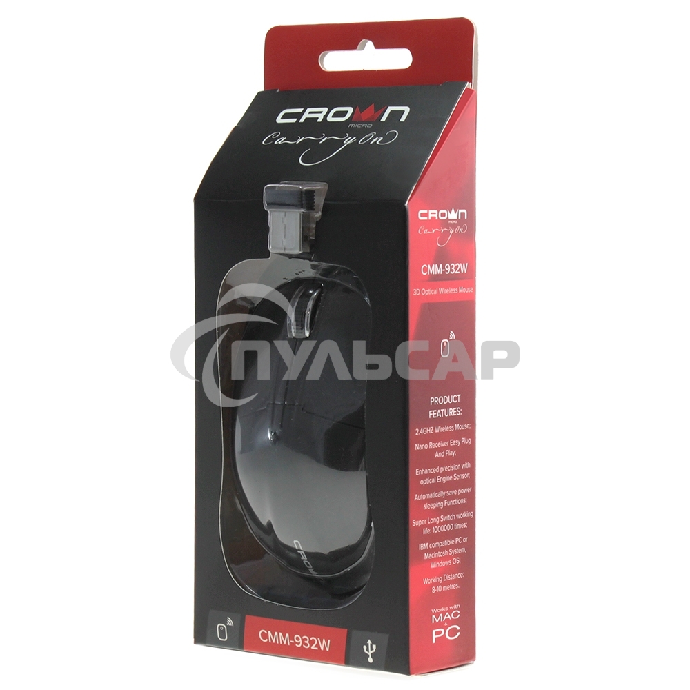 Мышь беспроводная Crown CMM-932W черный, 1000 dpi, радиоканал, USB, кнопки - 3