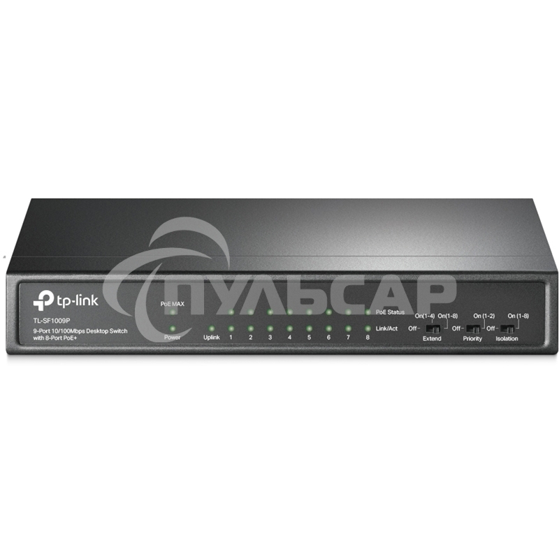 Коммутатор 9-port 10/100Mbps unmanaged switch with 8 PoE+ ports, compliant with 802.3af/at PoE, 65W PoE budget, support 250m Extend Mode, Priority mode and Isolation mode, desktop mount, plug and play.