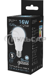 Лампа светодиодная Gauss LED A60 16W E27 1470lm 4100K 1/10/50