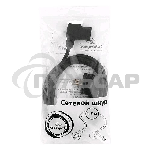 Кабель питания Gembird 1.8м, VDE(0.75мм), черный, угловой разъем, с зазем., пакет PC-186A-VDE