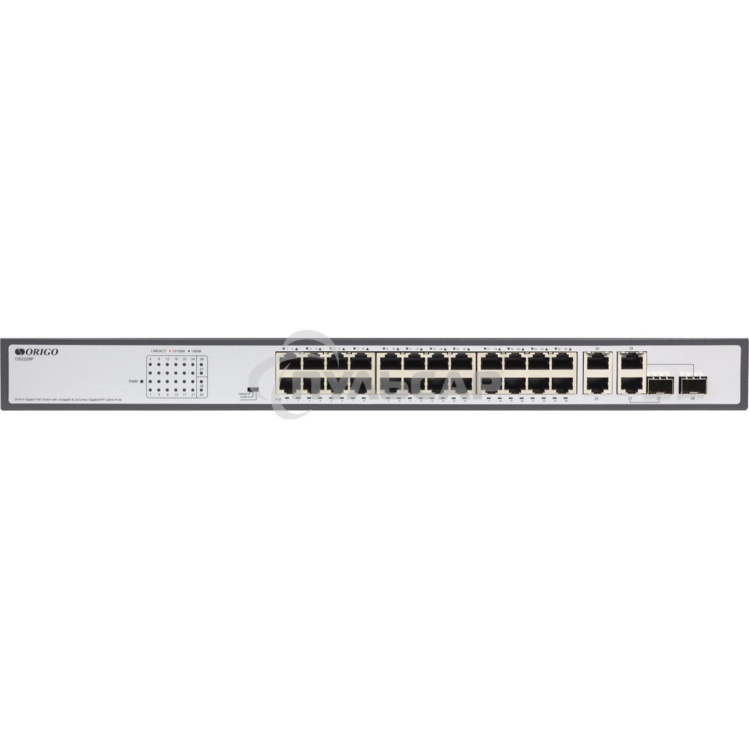 Неуправляемый PoE-коммутатор ORIGO Unmanaged Switch 26x1000Base-T (24x1000Base-T PoE), 2xCombo 1000Base-T/SFP, PoE Budget 370W, Long-range PoE up to 250m, 19
