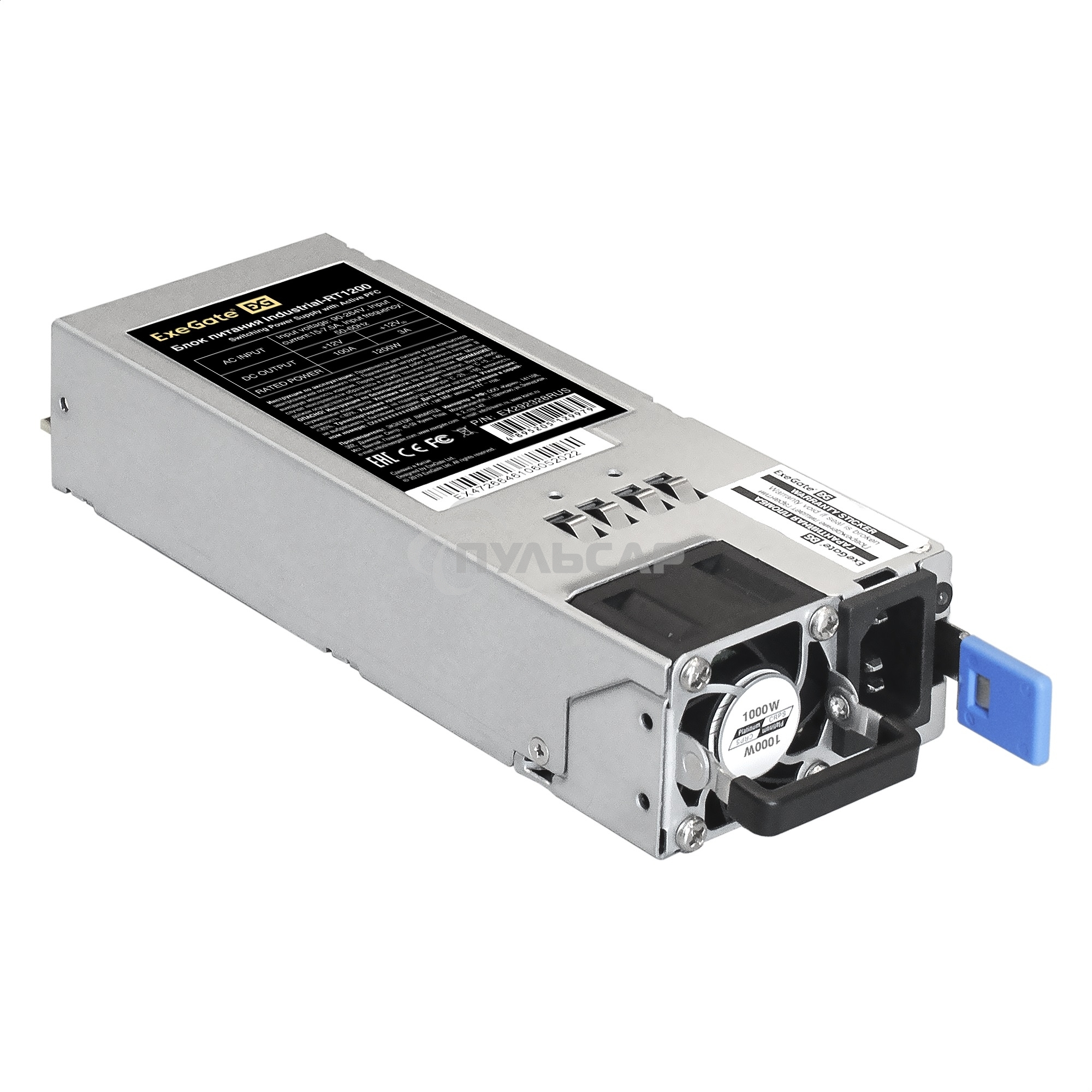 Блок питания серверный 2U Redundant 2x1000W ExeGate EX292323RUS Industrial-RTS1000 (APFC, КПД 94% (80 PLUS Platinum), 4 см fan, 24pin, 2x(4+4)pin, 2PCIe, 2SATA, 6IDE, Cable Management)