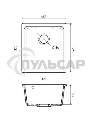 Мойка GRANFEST URBAN 4540 подстольный монтаж 1-чаша 450*400мм, монтаж: универсальный, материал: кварц, черный