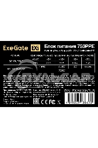 Блок питания ExeGate 750PPE, 750W, (ATX, APFC, PC, КПД 80% (80 PLUS), 12cm fan, 24pin, 2x(4+4)pin, 4xPCI-E, 6xSATA, 3xIDE, черный, кабель 220V в комплекте 1,8м)