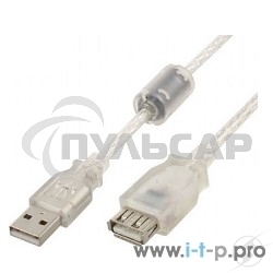 Кабель-удлинитель USB2.0 Pro Cablexpert CCF-USB2-AMAF-TR-15, AM/AF, 4,5м, экран, 2феррит.кольца, прозрачный, пакет