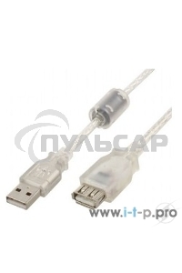 Кабель-удлинитель USB2.0 Pro Cablexpert CCF-USB2-AMAF-TR-15, AM/AF, 4,5м, экран, 2феррит.кольца, прозрачный, пакет