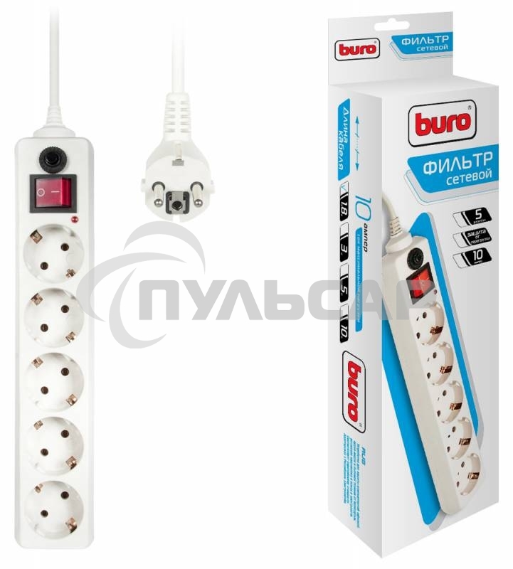 Сетевой фильтр Buro 500SH-1.8-W 1.8м (5 розеток) белый (коробка)