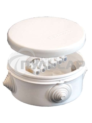 Коробка распр. ОП d90х45 4 выхода 4 гермоввода с клемм. 10А 6 контактов IP54 крышка защелкивающаяся бел. Epplast 140143