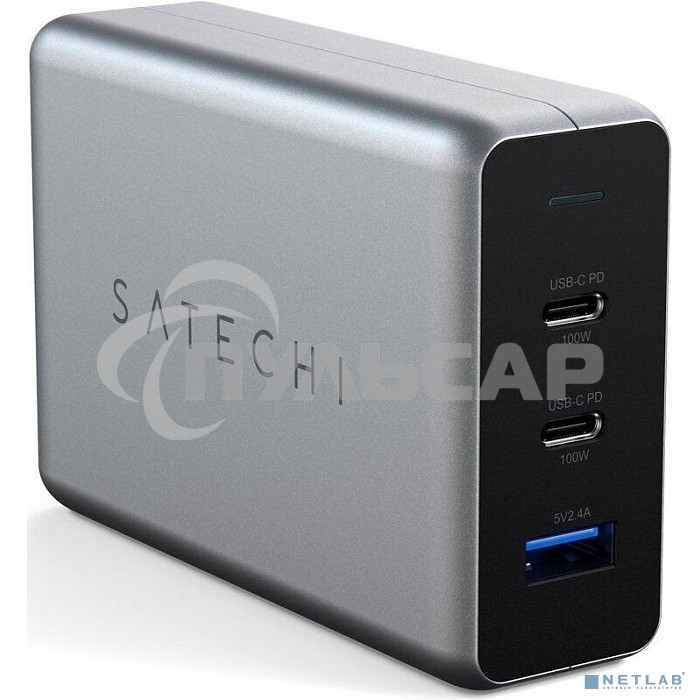 Сетевое зарядное устройство Satechi Compact Charger с технологией GaN Power. Порты: USB Type-C 100 Вт х 2, USB Type-A до12 Вт. серый космос. Satechi Compact GaN Charger 100W Type-C PD - Space Gray