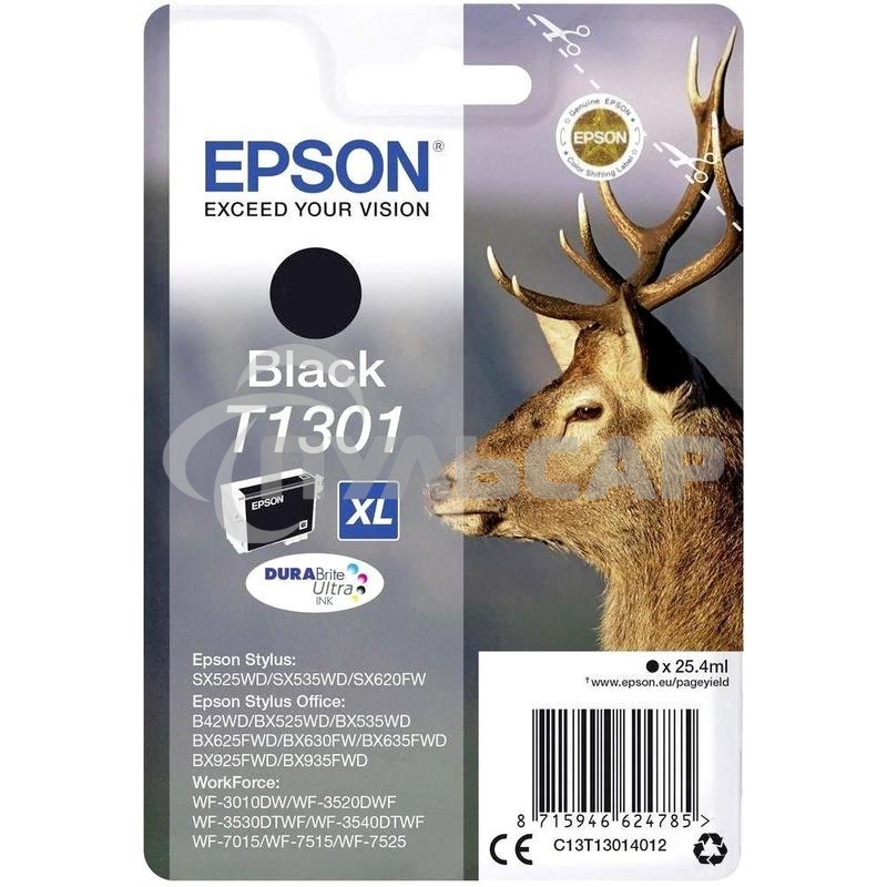 Картридж струйный Epson T1301 (C13T13014012/C13T13014010) черный, 25.4 мл, для SX520WD/SX620FW/BX525WD/BX625FWD