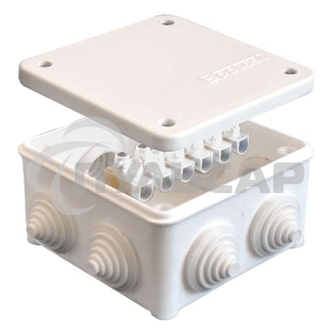 Коробка распр. ОП 85х85х45 7 выходов 3 гермоввода с клемм. 10А 6 контактов IP54 крышка на винтах бел. Epplast 130113