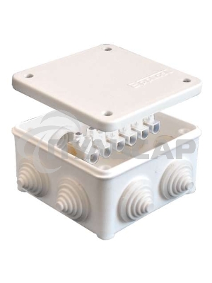 Коробка распр. ОП 85х85х45 7 выходов 3 гермоввода с клемм. 10А 6 контактов IP54 крышка на винтах бел. Epplast 130113