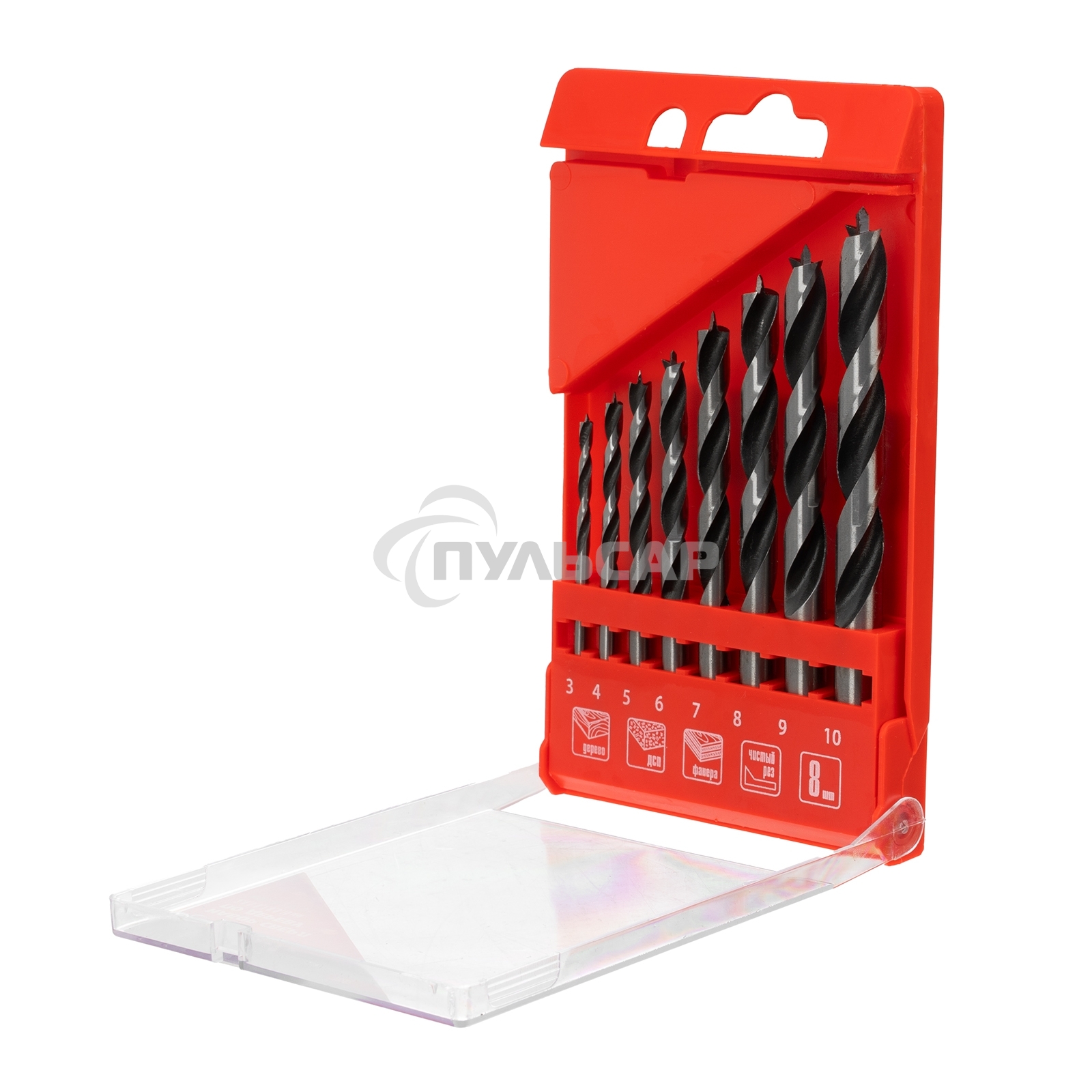 Набор сверл Matrix по дереву,3-4-5-6-7-8-9-10 мм 8шт цилиндр, хвостовик, пластиковый кейс