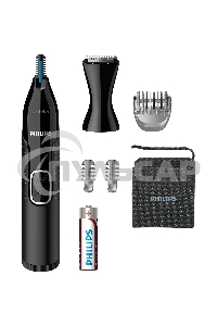 Триммер Philips для носа и ушей, черный, корпус - пластик, 3 насадки-гребня, насадка - триммер, щеточка для очистки, мягкий чехол, батарейка