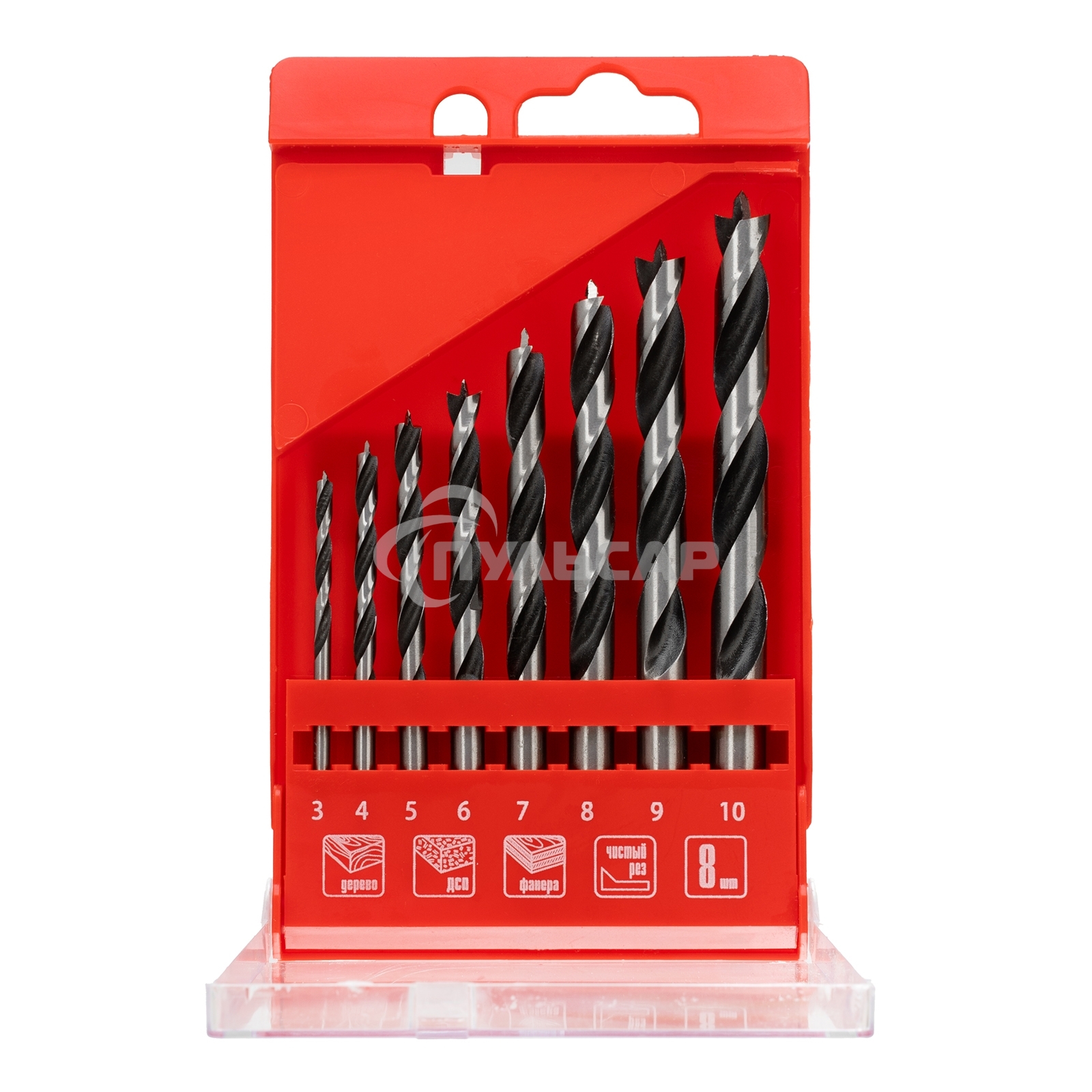 Набор сверл Matrix по дереву,3-4-5-6-7-8-9-10 мм 8шт цилиндр, хвостовик, пластиковый кейс