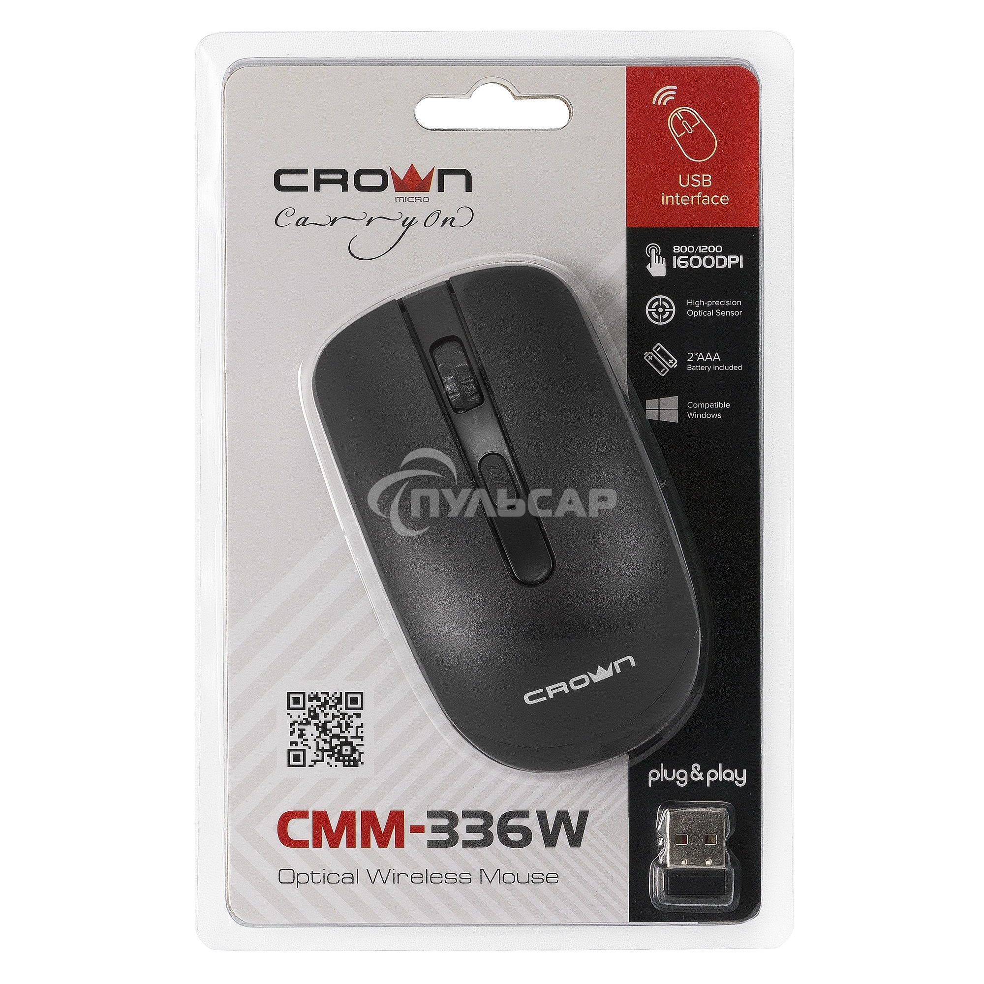 Мышь беспроводная Crown CMM-336W черный, 1600 dpi, радиоканал, USB, кнопки - 4