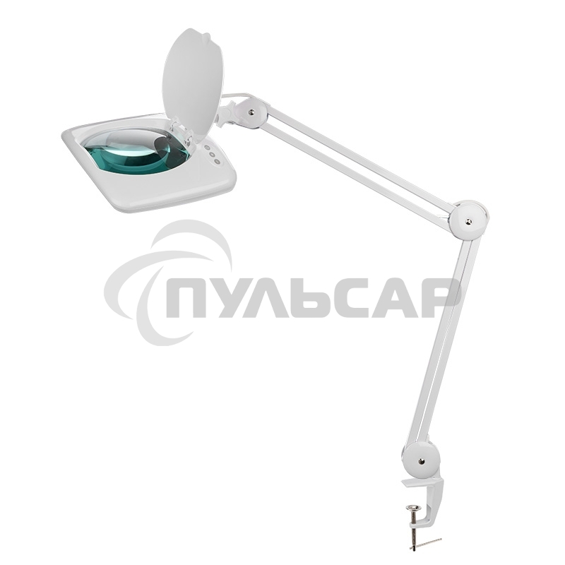 Лупа на струбцине Rexant, квадратная, 5D, с подсветкой 60 SMD LED, сенсорный регулятор яркости, белая