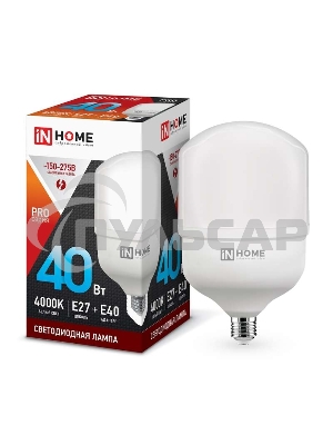 Лампа светодиодная LED-HP-PRO 40Вт 230В 4000К E27 3600лм с адаптером IN HOME 4690612031095