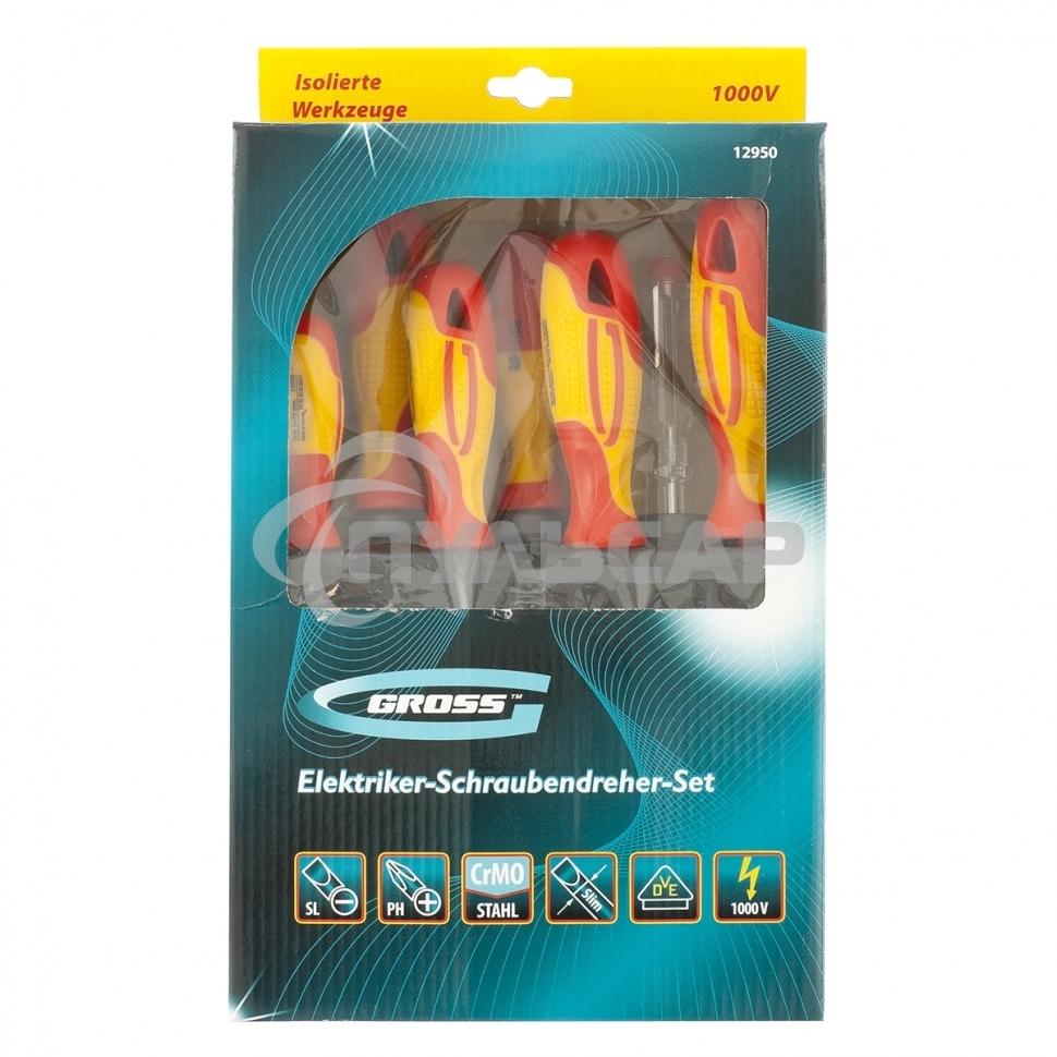 Набор отверток GROSS 12950 диэлектрических до 1000в тестер crmo двухкомпонентные рукоятки (8шт.)