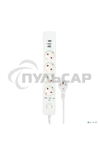 Сетевой фильтр Гарнизон 2.0 Мультипорт EPS-4-U3-W-2, 4 р, 10А, 3xUSB, 2м, ур.защиты 2+, белый, пакет