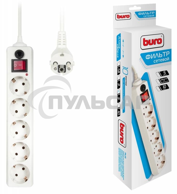 Сетевой фильтр Buro 500SH-5-W 5м (5 розеток) белый (коробка)