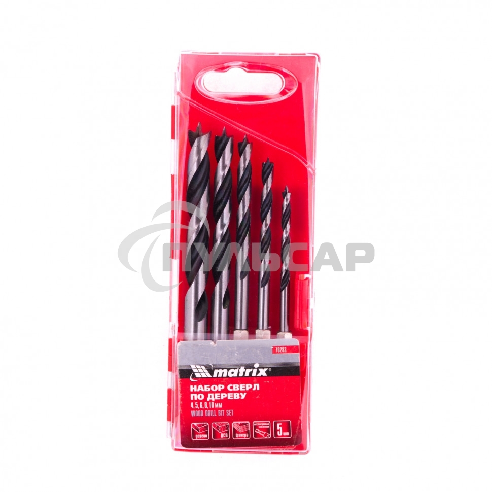 Набор сверл Matrix по дереву, 4-5-6-8-10 мм 5шт шестигран, хвостовик, пластиковый