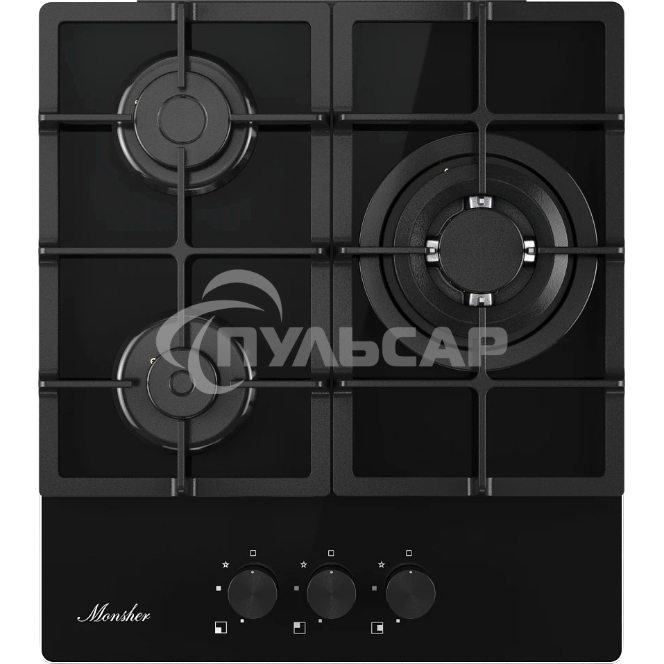 Варочная поверхность MONSHER/ Варочная поверхность MONSHER, газ, High-Tech, 45 см, автоматический электроподжиг, газ-контроль, форсунки под сжиженый газ, SABAF конфорки, чугунные решетки, черный
