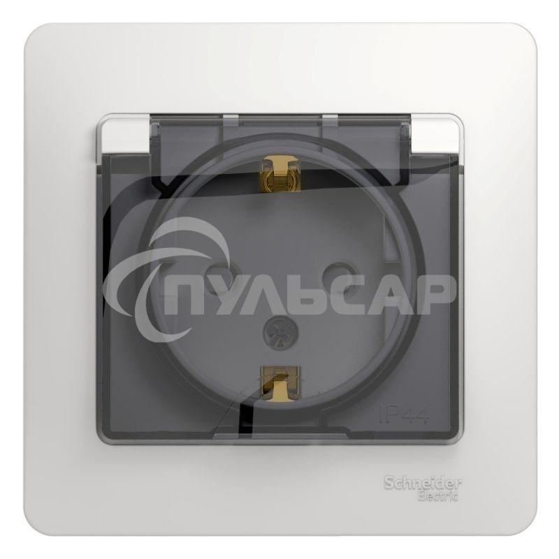 Розетка 1-м СП Glossa 16А с защ. крышкой защ. шторки с заземл. в сборе IP44 бел. SchE GSL000148