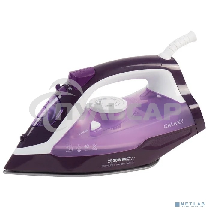 Утюг Galaxy Line GL 6124, фиолетовый с белым, паровой, 2500 Вт, постоянный пар 50 г/мин, паровой удар 230 г/мин, функции: самоочистка, антикапля, антинакипь, функция увлажнения, вертикальное отпаривание, защита от перегрева, индикатор нагрева, керамическо