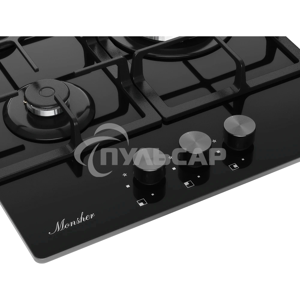 Варочная поверхность MONSHER/ Варочная поверхность MONSHER, газ, High-Tech, 45 см, автоматический электроподжиг, газ-контроль, форсунки под сжиженый газ, SABAF конфорки, чугунные решетки, черный