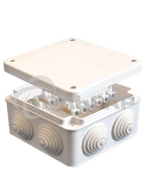 Коробка распр. ОП 105х105х56 7 выходов 4 гермоввода с клемм. 10А 12 контактов IP54 крышка на винтах бел. Epplast 110043